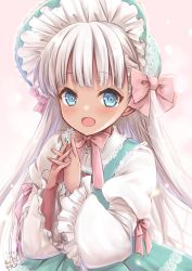 Rule 34 | 1girl, absurdres, alternate costume, blue eyes, blush, frilled sleeves, frills, highres, kantai collection, long hair, long sleeves, maestrale (kancolle), mashiro yukiya, open mouth, silver hair, solo, upper body, wide sleeves