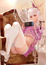 Rule 34 | 1girl, alternate costume, bad id, bad pixiv id, blush, bra strap, chair, collarbone, commentary request, controller, deviantart username, fate/grand order, fate (series), feet, game console, game controller, hairband, handheld game console, highres, joy-con, long hair, midriff, nintendo switch, no shoes, off-shoulder shirt, off shoulder, pink shirt, playing games, purple hairband, red eyes, shei99, shirt, short shorts, shorts, silver hair, sitting, sitting sideways, smile, solo, thighhighs, tomoe gozen (fate), twitter username, white shorts, white thighhighs