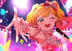 Rule 34 | 1girl, :d, absurdres, aikatsu! (series), aikatsu stars!, armpits, blonde hair, blush, bow, earrings, gloves, gradient hair, hair bow, heart, heart earrings, highres, holding, holding microphone, huge filesize, idol, jewelry, long hair, looking at viewer, microphone, multicolored hair, nail polish, nijino yume, one eye closed, open mouth, pink hair, smile, solo, supersaiazin-kanako, twintails
