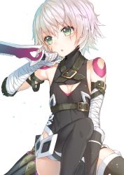 Rule 34 | 1girl, bandages, black leotard, black thighhighs, breasts, cleavage, cleavage cutout, clothing cutout, collarbone, facial scar, fate/apocrypha, fate (series), green eyes, hair between eyes, hakuishi aoi, holding, holding sword, holding weapon, jack the ripper (fate/apocrypha), leotard, open mouth, scar, scar across eye, scar on cheek, scar on face, short hair, silver hair, simple background, sitting, small breasts, solo, sword, thighhighs, weapon, white background