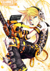 Rule 34 | 1boy, aqua eyes, artist name, belt, blonde hair, chainsaw, dated, headset, k-suwabe, kagamine len, looking at viewer, male focus, short hair, shorts, skull, smile, solo, vocaloid