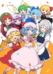 Rule 34 | 6+girls, :d, = =, absurdres, beret, bobby socks, cirno, confetti, crescent, crescent hat ornament, daiyousei, dress, embodiment of scarlet devil, feet out of frame, flandre scarlet, hat, hat ornament, highres, hong meiling, izayoi sakuya, mary janes, miz (mizillustration), mob cap, multiple girls, nail polish, nose bubble, open mouth, patchouli knowledge, pinafore dress, red nails, remilia scarlet, rumia, shoes, simple background, sleeping, sleeveless dress, smile, socks, standing, star (symbol), star hat ornament, touhou, v arms, white background