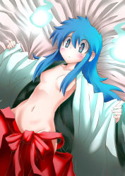 Rule 34 | blue hair, breasts, ghost, ghost sweeper mikami, groin, highres, himuro kinu, japanese clothes, lying, miko, navel, no nipples, on back, tagme, undressing