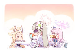Rule 34 | 3girls, animal ear fluff, animal ears, blonde hair, blue archive, blue bow, blue hair, bow, brown hair, capelet, cellphone, chibi, cross halo, cup, dress, eating, feathered wings, flower, food in mouth, fox ears, hair flower, hair ornament, halo, harada (sansei rain), holding, holding cup, holding phone, long hair, long sleeves, mika (blue archive), multiple girls, nagisa (blue archive), phone, pink eyes, pink flower, pink hair, puffy long sleeves, puffy sleeves, seia (blue archive), spit take, spitting, sweat, table, tea, teacup, turn pale, very long hair, white background, white capelet, white dress, white flower, white wings, wings
