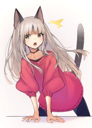 Rule 34 | 1girl, ^^^, abiko yuuji, animal ears, arm support, bell, black choker, black pants, blunt bangs, cat ears, cat girl, cat tail, choker, collarbone, commentary request, cowboy shot, green eyes, grey background, highres, leaning forward, long hair, long sleeves, looking at viewer, neck bell, open mouth, original, pants, red sweater, silver hair, solo, sweater, tail, tail raised, teeth