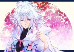 Rule 34 | 1boy, ahoge, artist name, bishounen, center frills, fate/grand order, fate (series), flower, flower knot, frills, hair between eyes, hair ornament, hood, hood down, hooded robe, long hair, long sleeves, looking to the side, male focus, merlin (fate), multicolored hair, pants, petals, pink ribbon, purple eyes, ribbon, robe, simple background, solo, taito1020, tassel, turtleneck, two-tone hair, upper body, very long hair, white background, white hair, white robe, wide sleeves