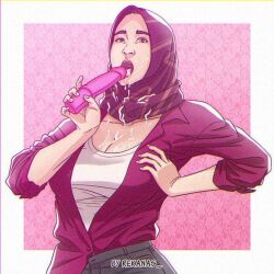 Rule 34 | 1girl, breasts, cleavage, dildo, female focus, female masturbation, hijab, jacket, large breasts, masturbation, open clothes, pink background, pink jacket, rekanas, sex toy, simple background