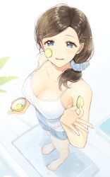 Rule 34 | 1girl, barefoot, blue shorts, breasts, brown hair, camisole, cleavage, cucumber, cucumber slice, forehead, foreshortening, from above, hair ornament, hair over shoulder, hairclip, large breasts, looking at viewer, loungewear, medium hair, mono lith, original, parted bangs, parted lips, shorts, smile, solo, white camisole