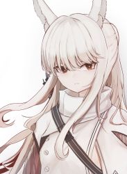 Rule 34 | 1girl, animal ear fluff, animal ears, arknights, brown eyes, commentary, high collar, highres, horse ears, ixza, jacket, long hair, looking at viewer, platinum (arknights), sidelocks, solo, upper body, white background, white hair, white jacket