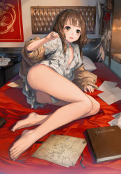 Rule 34 | 1girl, arm support, ass, banner, bare legs, barefoot, bed sheet, blunt bangs, blush, book, brown eyes, brown hair, brown jacket, day, feathers, feet, flat chest, foreshortening, frown, full body, indoors, inkwell, jacket, justminor, legs, long hair, long sleeves, low twintails, map, miniskirt, no bra, off shoulder, open clothes, open jacket, open shirt, original, paper, parted lips, pillow, pleated skirt, pouch, red ribbon, ribbon, shirt, skirt, solo, sunlight, tareme, toes, twintails, white shirt, white skirt