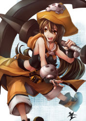 Rule 34 | 1girl, anchor, ankle boots, boots, breasts, brown eyes, brown hair, clothes around waist, fang, fingerless gloves, gloves, guilty gear, hat, huge weapon, long hair, may (guilty gear), midriff, open mouth, orange hat, over shoulder, pants, pants rolled up, pirate, pirate hat, sailor collar, skull and crossbones, sleeveless, small breasts, solo, sowel (sk3), weapon, weapon over shoulder