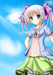 Rule 34 | 00s, blue eyes, casual, long hair, pointy ears, primula, shuffle!, silver hair, striped clothes, striped thighhighs, t (dyuhuhudyukusi), thighhighs, twintails