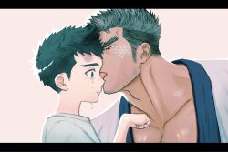 Rule 34 | 2boys, bara, beard stubble, black eyes, black hair, blue scales, brown background, brown eyes, crying, crying with eyes open, dark-skinned male, dark skin, facial hair, fle0423, hand up, highres, licking, licking another&#039;s face, looking at another, male focus, multiple boys, muscular, muscular male, original, scales, shirt, short hair, simple background, slit pupils, stubble, t-shirt, tears, thick eyebrows, tongue, tongue out, undercut, upper body, very short hair