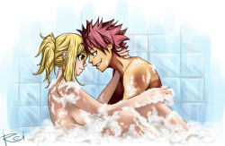 Rule 34 | 1boy, 1girl, artist request, bath, bathroom, blonde hair, breasts, brown eyes, bubble, bubble bath, closed mouth, couple, eye contact, fairy tail, foam, forehead-to-forehead, from side, grin, hair between eyes, hair up, happy, heads together, hetero, hug, large breasts, leaning forward, leaning in, long hair, looking at another, lucy heartfilia, mixed-sex bathing, natsu dragneel, nude, parted lips, pink hair, ponytail, shared bathing, sitting, smile, spiked hair, spread legs, teeth, tile, tile wall, tiles, wall, water, wet