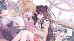 Rule 34 | 2girls, black hair, blonde hair, blurry, blurry background, blush, book, braid, commission, couch, frills, green eyes, highres, holding, holding book, holding head, jacket, long hair, long sleeves, looking at another, multiple girls, off shoulder, open book, original, ponytail, reading, red eyes, red skirt, ribbon, shirt, short hair, sitting, sitting on person, skirt, umehara sei, very long hair, yuri