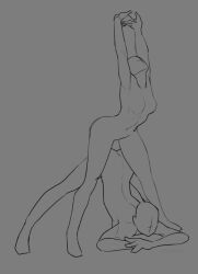 Rule 34 | 2others, arched back, arms up, ass, breasts, cammy stretch (meme), commentary, crossed arms, english commentary, facing up, full body, grey background, jack-o&#039; challenge, large breasts, less, meme, multiple others, navel, original, own hands together, simple background, sketch, spread legs, standing, top-down bottom-up