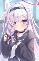 Rule 34 | 1girl, absurdres, blue archive, blue eyes, blurry, blurry background, blush, breasts, closed mouth, commentary request, grey hair, hair between eyes, hair ornament, halo, headband, highres, hutaba miyagi, jacket, long hair, looking at viewer, plana (blue archive), school uniform, simple background, small breasts, solo, window