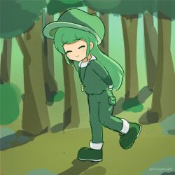 Rule 34 | 1girl, closed eyes, ferdy&#039;s lab, forest, green pants, green shirt, hat, highres, light smile, long hair, long sleeves, nature, pants, shirt, touhou, unconnected marketeers, yamashiro takane