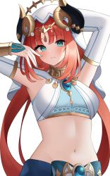 Rule 34 | 1girl, absurdres, aqua eyes, arm behind head, arms up, bad id, bad pixiv id, blue nails, blush, breasts, brooch, circlet, closed mouth, clothing cutout, commentary request, crop top, forehead jewel, genshin impact, highres, jewelry, long hair, long sleeves, looking at viewer, low twintails, medium breasts, nail polish, navel, neck ring, nilou (genshin impact), parted bangs, puffy long sleeves, puffy sleeves, red hair, simple background, skirt, smile, stomach, tsubaki 0317, twintails, vambraces, veil, vision (genshin impact), white background