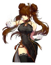 Rule 34 | 00s, 1girl, absurdres, breasts, brown hair, double bun, dress, dungeon and fighter, female focus, fighter (dungeon and fighter), hair bun, highres, long hair, simple background, solo