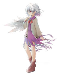 Rule 34 | 1girl, bad id, bad pixiv id, bow, bowtie, dress, ellipsis (mitei), highres, jacket, kishin sagume, long sleeves, open clothes, purple dress, red eyes, shirt, short hair, silver hair, single wing, solo, touhou, wings
