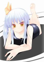Rule 34 | 10s, 1girl, alternate hairstyle, angel beats!, barefoot, blue hair, blush, breasts, cleavage, downblouse, face, feet, foreshortening, hair ribbon, lying, nigo (aozoragarou), on stomach, one-piece swimsuit, ribbon, school swimsuit, side ponytail, small breasts, soles, solo, swimsuit, tenshi (angel beats!), toes, yellow eyes