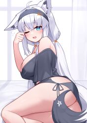 Rule 34 | 1girl, absurdres, ahoge, animal ears, bare shoulders, black shirt, blue eyes, blush, breasts, commentary request, crossed bangs, deaver, fox ears, fox girl, fox tail, hair between eyes, highres, hololive, large breasts, long hair, looking at viewer, naked shirt, off shoulder, one eye closed, open mouth, pentagram, rubbing eyes, shirakami fubuki, shirt, sidelocks, solo, tail, virtual youtuber, white hair