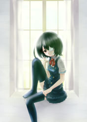 Rule 34 | 10s, 1girl, another, bad id, bad pixiv id, black hair, black thighhighs, blush, dressing, eyepatch, highres, looking at viewer, misaki mei, open mouth, red eyes, rin2008, school uniform, short hair, sitting, skirt, solo, thighhighs, window