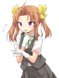Rule 34 | 1girl, ahoge, bow, brown hair, commentary, dress shirt, flying sweatdrops, frown, gloves, grey skirt, grey vest, hair bow, hair ribbon, hand on own chest, kagerou (kancolle), kakizaki (chou neji), kantai collection, long hair, neck ribbon, open mouth, parted bangs, pleated skirt, purple eyes, ribbon, school uniform, shirt, short sleeves, simple background, skirt, solo, standing, sweatdrop, twintails, vest, white background, white gloves, wing collar, yellow bow