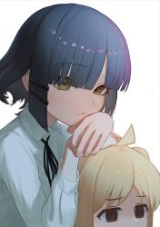 Rule 34 | 2girls, absurdres, ahoge, blonde hair, blue hair, blunt bangs, blush, bocchi the rock!, closed mouth, collared shirt, empty eyes, green eyes, hair ornament, hairclip, hand on another&#039;s head, head rest, highres, ijichi nijika, long sleeves, looking at viewer, multiple girls, neck ribbon, new makura, ribbon, shirt, short hair, white background, white shirt, yamada ryo