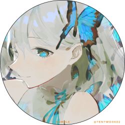 Rule 34 | 1girl, blue butterfly, blue eyes, bug, butterfly, butterfly hair ornament, framed, grey hair, hair between eyes, hair ornament, highres, insect, long hair, looking at viewer, original, portrait, smile, solo, tentsuu (tentwo), twitter username