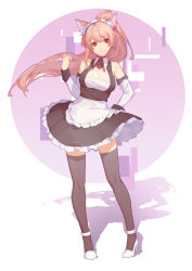 Rule 34 | 1girl, animal ears, bad id, bad pixiv id, bare shoulders, black thighhighs, breasts, cat ears, catsmoon, cleavage, cleavage cutout, clothes lift, clothing cutout, contrapposto, detached sleeves, full body, hand on own hip, high heels, highres, long hair, long sleeves, maid, maid headdress, medium breasts, petticoat, pink hair, ponytail, red eyes, shadow, skirt, skirt lift, smile, solo, standing, thighhighs, white footwear, wind, zettai ryouiki