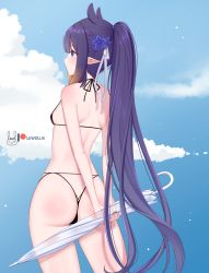Rule 34 | 1girl, ass, back, bikini, blue eyes, blunt bangs, blush, closed mouth, cowboy shot, flower, from behind, hair flower, hair ornament, highres, holding, holding umbrella, hololive, hololive english, lewdlux, long hair, looking away, multicolored hair, ninomae ina&#039;nis, orange hair, pointy ears, purple hair, shiny skin, solo, standing, swimsuit, thong, thong bikini, umbrella, very long hair, virtual youtuber
