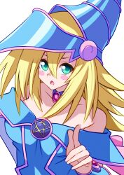 Rule 34 | 07nono06, 1girl, :o, absurdres, bare shoulders, blonde hair, blue eyes, blue hat, blush stickers, dark magician girl, duel monster, hair between eyes, hat, highres, long hair, looking at viewer, open mouth, solo, upper body, white background, wizard hat, yu-gi-oh!