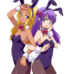 Rule 34 | 2girls, amamiya elena, animal ears, back-to-back, black legwear, blonde hair, blue eyes, blue leotard, bow, bowtie, commentary, covered navel, cowboy shot, dark-skinned female, dark skin, detached collar, fake animal ears, fake tail, from side, hand on own face, hand on own forehead, highres, kaguya madoka, leotard, locked arms, long hair, looking at viewer, mole, mole under eye, multiple girls, open mouth, pantyhose, playboy bunny, precure, purple eyes, purple hair, rabbit ears, rabbit tail, red neckwear, simple background, smile, standing, star twinkle precure, strapless, strapless leotard, tail, uraki, white background, wing collar, wrist cuffs