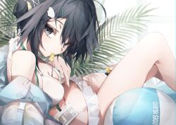 Rule 34 | 1girl, ankoro mochi, arknights, ball, bare shoulders, beachball, bikini, black eyes, black hair, breasts, expressionless, feather hair, feet out of frame, fern, frilled bikini, frills, grey hair, hair between eyes, hair bun, hair ornament, hairclip, highres, id card, jacket, jacket partially removed, knees up, la pluma (arknights), la pluma (summer flowers) (arknights), lanyard, looking at viewer, looking to the side, medium breasts, mouth hold, multicolored hair, navel, open clothes, open jacket, see-through, see-through jacket, short hair, single side bun, sitting, solo, streaked hair, swimsuit, thigh strap, whistle, white bikini, window, wing hair ornament