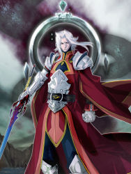 Rule 34 | 00s, 1boy, alexei dinoia, armor, belt, boots, cape, crystal, gauntlets, pants, red eyes, short hair, shoulder pads, sword, tales of (series), tales of vesperia, weapon, white hair