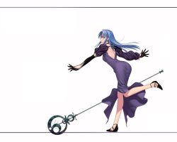 Rule 34 | 00s, 1girl, ass, back, black gloves, blue hair, braid, dress, exif thumbnail surprise, fate/stay night, fate (series), female focus, gloves, green eyes, leg lift, leg up, legs, long dress, long hair, looking back, medea (fate), outstretched arms, pointy ears, profile, running, shoes, simple background, single braid, solo, staff, uniform, wallpaper, white background