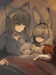Rule 34 | 1girl, 3boys, animal ears, bad id, bad pixiv id, blush, closed eyes, family, fang, father and son, fox ears, hair between eyes, highres, long hair, mother and son, multiple boys, open mouth, original, rabbit ears, shirokujira, sketch, sleeping, smile