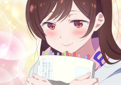 Rule 34 | 1girl, blush, brown eyes, brown hair, closed mouth, commentary request, derivative work, eyebrows hidden by hair, hood, hood down, hoodie, kanojo okarishimasu, looking at viewer, mizuhara chizuru, hugging object, parted bangs, pink lips, smile, solo, sparkle background, translation request, upper body, white hoodie, yutsuki warabi