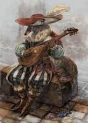 Rule 34 | 1boy, anteater, bard, belt, blue eyes, body fur, box, full body, furry, furry male, gloves, hat, hat feather, highres, instrument, lizard, long sleeves, lute (instrument), male focus, monster, murayama ryota, music, nature, original, outdoors, pants, plant, playing instrument, puffy long sleeves, puffy sleeves, sitting, solo, stone floor, striped clothes, striped legwear, striped pants, tail, vertical-striped clothes, vertical-striped legwear, vertical-striped pants