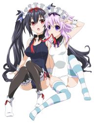 Rule 34 | 2girls, absurdres, blue one-piece swimsuit, d-pad, frilled legwear, frills, hair ornament, highres, long hair, maid, multiple girls, neck ribbon, neptune (neptunia), neptune (series), noire (neptunia), one-piece swimsuit, open mouth, peace symbol, purple eyes, purple hair, purple ribbon, red eyes, red ribbon, ribbon, short hair, smile, socks, striped legwear, swimsuit, thighhighs, transparent background, twintails, white one-piece swimsuit, wrist cuffs