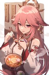 Rule 34 | 1girl, absurdres, animal ears, bare shoulders, chopsticks, cup, eating, egg, food, fox, fox ears, genshin impact, highres, holding, holding chopsticks, holding spoon, japanese clothes, looking at viewer, miko, noodles, pink hair, purple eyes, ramen, rerorerobim, sitting, smile, solo, spoon, table, wide sleeves, yae miko