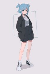 Rule 34 | 1girl, absurdres, bare legs, black coat, black eyes, black footwear, black shorts, blue hair, closed mouth, coat, collared shirt, full body, grey background, hand in pocket, hands in pockets, highres, kirkeone, light blush, long sleeves, looking at viewer, original, shirt, shirt tucked in, short hair, shorts, simple background, solo, triss (kirkeone), two side up, white shirt