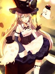 Rule 34 | 1girl, alternate costume, apron, black gloves, black hat, black ribbon, blue dress, commentary request, corset, detached sleeves, dress, formal, frills, ghost, girls&#039; frontline, gloves, green eyes, grey hair, halloween, hand up, hat, highres, index finger raised, kneehighs, long hair, long sleeves, looking at viewer, mini hat, mini top hat, official alternate costume, open mouth, pointing, pointing finger, pumpkin, ribbon, sitting, socks, spitfire (girls&#039; frontline), spitfire (the last alice) (girls&#039; frontline), top hat, waist apron, white apron, white socks, wide sleeves, yuizayomiya