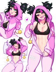 Rule 34 | 1girl, :d, arm up, artist name, bare shoulders, bed sheet, black bra, black hair, blue eyes, blush, blushyspicy, bra, breasts, cleavage, collarbone, cowboy shot, diagonal bangs, female focus, han juri, head tilt, heart, heterochromia, highres, hood, hood up, large breasts, looking at viewer, lying, medium hair, multicolored hair, multiple views, navel, on back, onesie, open mouth, open pajamas, pajamas, pillow, pom pom (clothes), purple eyes, purple hair, shiny skin, simple background, sleeping, smile, speech bubble, spoken heart, streaked hair, street fighter, street fighter 6, stuffed animal, stuffed spider, stuffed toy, teeth, thighs, tongue, tongue out, two side up, underwear, unzipped, upper teeth only, white background, zipper, zipper pull tab, zzz