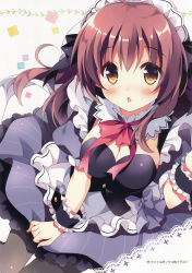 Rule 34 | 1girl, :o, absurdres, blush, bow, breasts, brown hair, cleavage, collar, detached collar, dress, frilled collar, frilled dress, frills, from above, highres, knees together feet apart, long hair, looking at viewer, maid, maid headdress, medium breasts, original, pan (mimi), pantyhose, parted lips, petticoat, puffy short sleeves, puffy sleeves, ribbon, scan, short sleeves, solo, surprised, wrist cuffs, yellow eyes