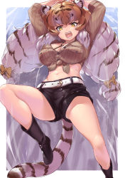 Rule 34 | 1girl, animal ears, arms up, attack, bare legs, belt, black footwear, black hair, black shorts, boots, bow, breast pocket, breasts, brown hair, brown shirt, buttons, cat girl, commentary request, fangs, hair bow, highres, incoming attack, jumping, kemono friends, kemono friends 3, knee up, long hair, looking at viewer, low-tied long hair, midriff, multicolored hair, navel, open mouth, panties, panty peek, pocket, shirt, shorts, siberian tiger (kemono friends), solo, stomach, streaked hair, tadano magu, tail, tied shirt, tiger ears, tiger girl, tiger tail, twintails, underwear, upshorts, v-shaped eyebrows, very long hair, white hair, white panties, yellow eyes