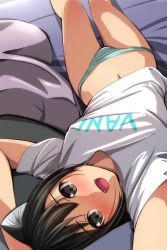 Rule 34 | 1girl, :d, animal ears, arms up, bare legs, black hair, blush, breasts, brown eyes, cat ears, couch, fangs, feet out of frame, highres, looking at viewer, lying, matsunaga kouyou, navel, no pants, on back, open mouth, original, panties, shirt, short sleeves, small breasts, smile, striped clothes, striped panties, t-shirt, underwear, upside-down, white shirt