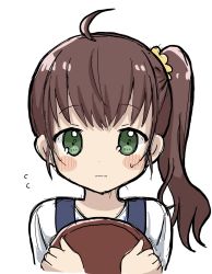 Rule 34 | 1girl, ahoge, blush stickers, brown hair, closed mouth, flying sweatdrops, green eyes, hair ornament, hair scrunchie, highres, holding, holding tray, long hair, niizato aoi, non non biyori, scrunchie, shika (s1ka), side ponytail, simple background, solo, sweat, tray, upper body, white background, yellow scrunchie